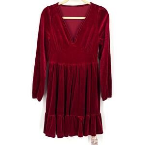 Halara Red Velvet Mini Dress Medium V-Neck Ruffle Hem NWT